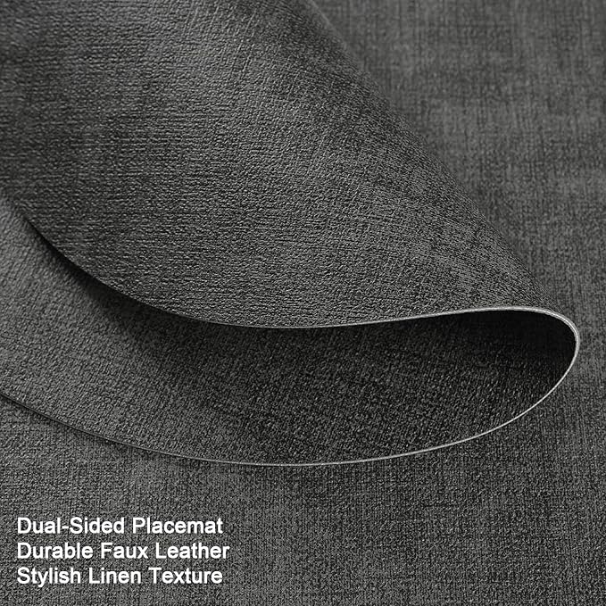 Placemats and Coasters, Washable Reversible Placemats Round Faux Leather Wipeable Place Mats Non Slip Heat Resistant Indoor Outdoor Table Mats (Set of 4, Gray)