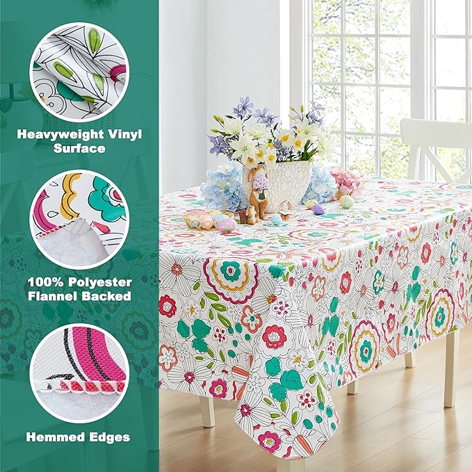 Newbridge Shabby Chic Lily Print 60 x 102 Inch Rectangle Vinyl Flannel Backed Tablecloth, Pink Yellow and Green Lily Indoor and Outdoor Waterproof Vinyl Table Cover for Spring Holiday Party