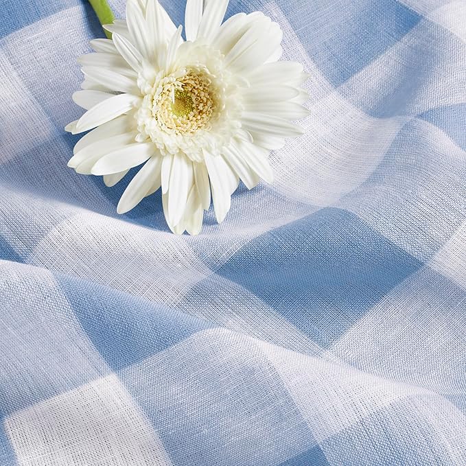 Solino Home Linen Checkered Table Runner 132 Inches Long - 100% Pure Linen Buffalo Check Chambray Blue and White Table Runner 14 x 132 Inch Ideal for Dining, Winter, Spring, Easter