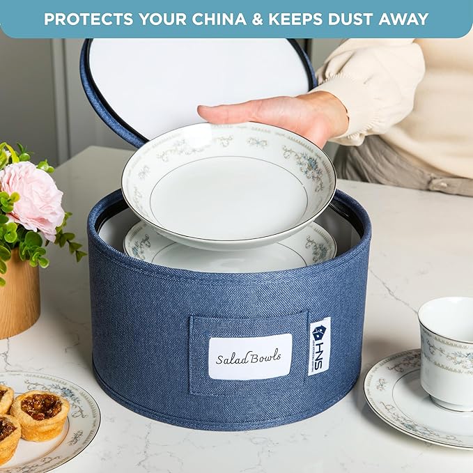 China Storage Hard Shell Containers 12-Piece Set Moving Boxes for Dinnerware, Glasses, Plates, Mugs and Saucers Sturdy Dish Organizer with Dividers for Seasonal Storage - Service for 12 - Denim Blue