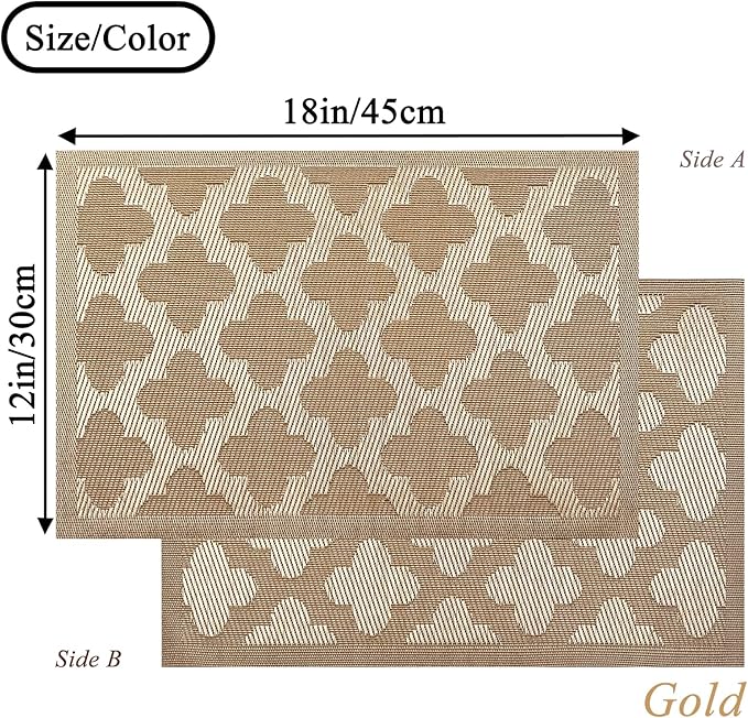 Vinyl Placemats Set of 4, Easy to Clean Plastic Washable Table Mats Heat-Resistant Placemats for Dinner Table (Gold)