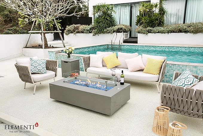 Elementi+ | Bundle Meteora Gas Fire Pit Cast Concrete 56" Rectangular Fire Table, Outdoor Fire Pit Electronic Ignition | Canvas Cover, Fire Glass and Burner Lid Included | Light Gray | Propane Gas