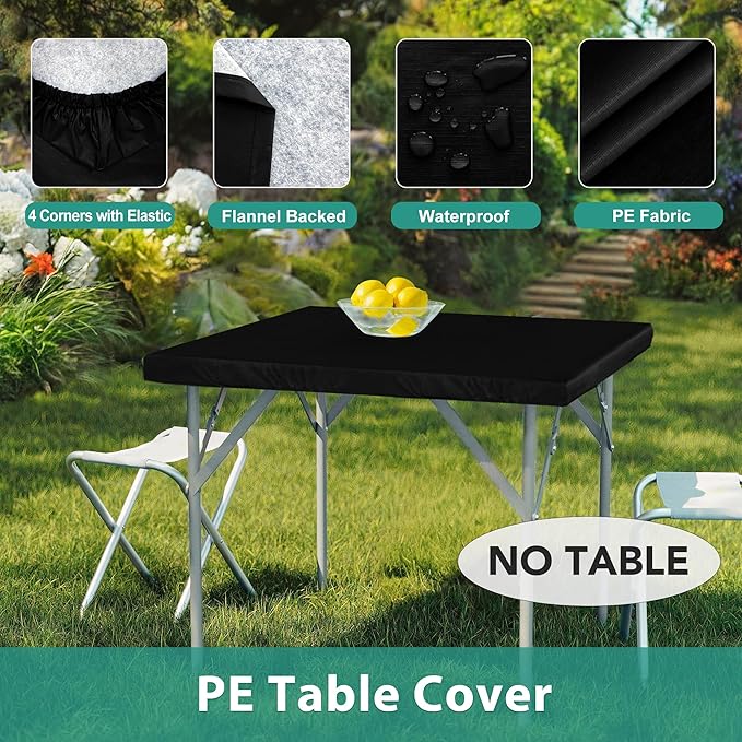 LUSHVIDA 2 Packs Vinyl Card Tablecloth with Flannel Backing 36x36 inch - Waterproof Plastic Picnic Table Cover for Square Folding Table Cloth with Elastic Corners, Black