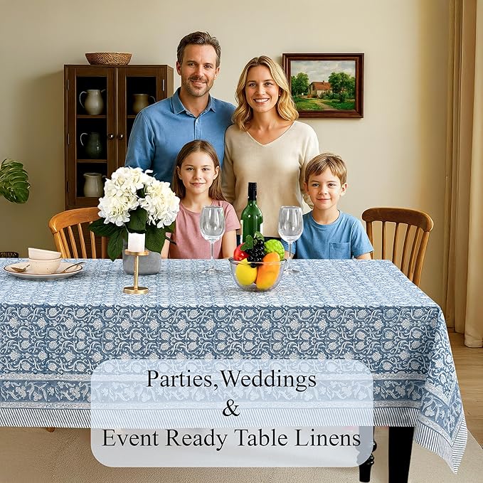 CPC Azure Regal Tablecloth 100% Cotton 60x60 Inch Indian Block Print Rectangle Table Cover, Table Cloth for Gifting in Weddings, Halloween, Fall, Christmas, Thanksgiving