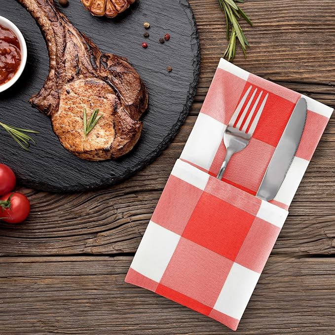 Buffalo Plaid Table Napkins Set of 100 Checkered Cloth Napkins 17x17 inch Washable Dinner Gingham Pattern Napkins Soft Napkins for Wedding Party Dining Banquet(Red and White)