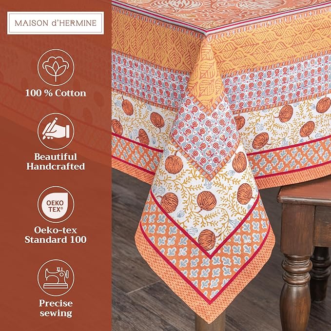 Maison d' Hermine Table Cloth Square Table 100% Cotton 54 x 54 Inches Fall Tablecloth Reusable Everyday Use for Thanksgiving Christmas Decorations Dining Farmhouse Party (Harvest Festival)