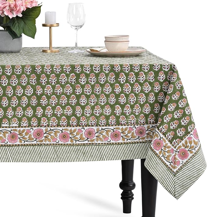 CPC Tablecloth 100% Cotton 70x108 Inch Indian Block Print Easter RectangleTable Cover, Table Cloth for Weddings, Parties- Jade Green 8-Seater
