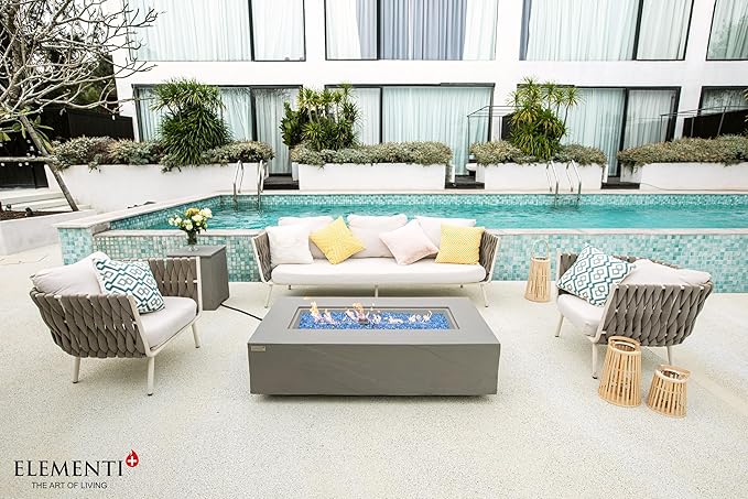 Elementi+ | Bundle Meteora Gas Fire Pit Cast Concrete 56" Rectangular Fire Table, Outdoor Fire Pit Electronic Ignition | Canvas Cover, Fire Glass and Burner Lid Included | Light Gray | Propane Gas