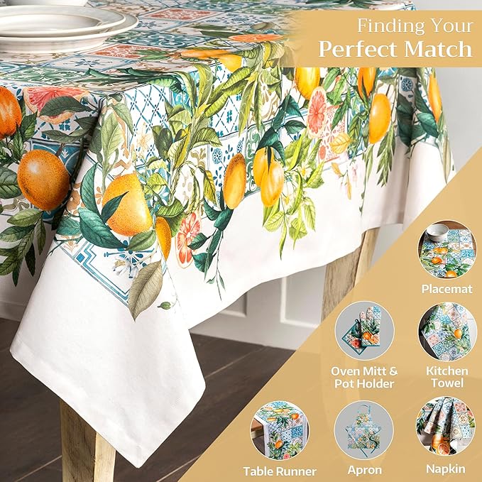 Maison d' Hermine Table Cloth Rectangle Table 100% Cotton 70 x 120 Inches Tablecloth Reusable Decorative Everyday Use for Dining Room, Farmhouse, Home, Party, Festive & Wedding Spring Summer - Agrume