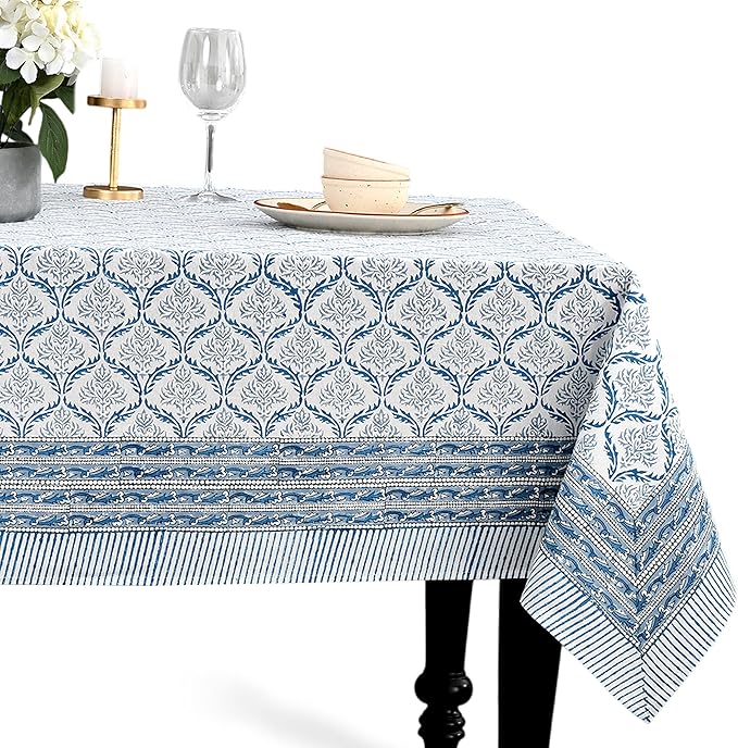 CPC Indigo Regal Tablecloth 100% Cotton 70x108 Inch Indian Block Print Rectangle Table Cover, Table Cloth for Gifting in Weddings, Halloween, Fall, Christmas, Thanksgiving