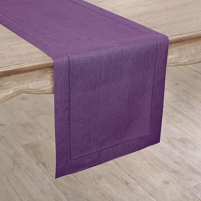 Solino Home Linen Table Runner 90 Inches Long - Classic Hemstitch 100% Pure Linen Purple Dining Table Runner 14 x 90 Inch for Valentines, Spring, Easter