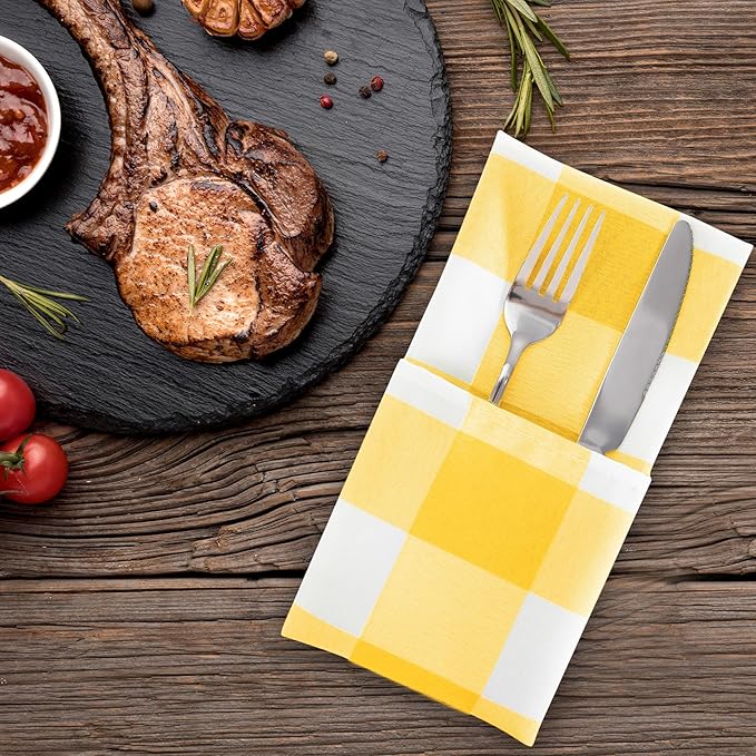 Buffalo Plaid Table Napkins Set of 25 Checkered Cloth Napkins 17x17 inch Washable Dinner Gingham Pattern Napkins Soft Napkins for Wedding Party Dining Banquet(Yellow and White)