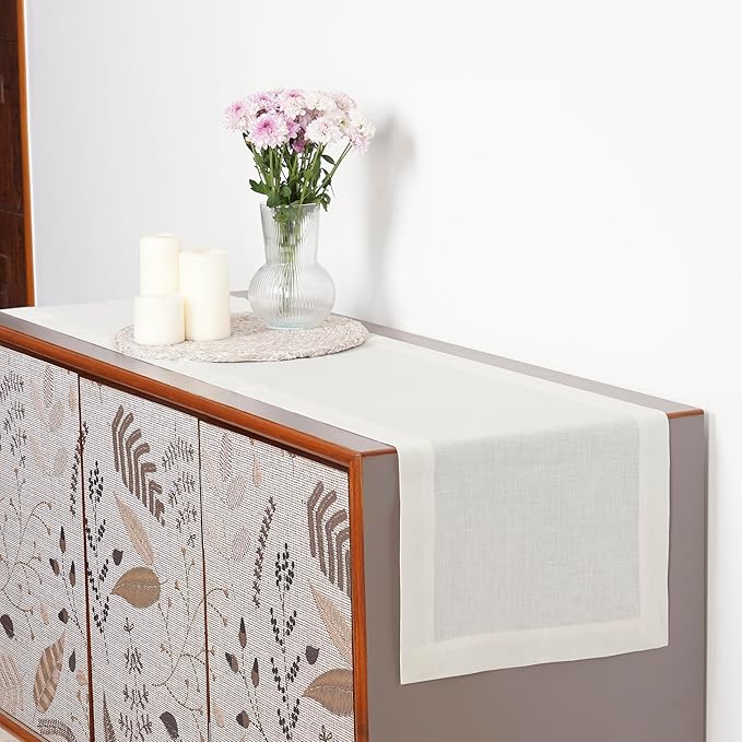D'Moksha Homes Linen Ivory Table Runner 120 Inches Long - 100% Pure Linen Dining Table Runner 14 x 120 Inch for Valentines, Holiday - Machine Washable