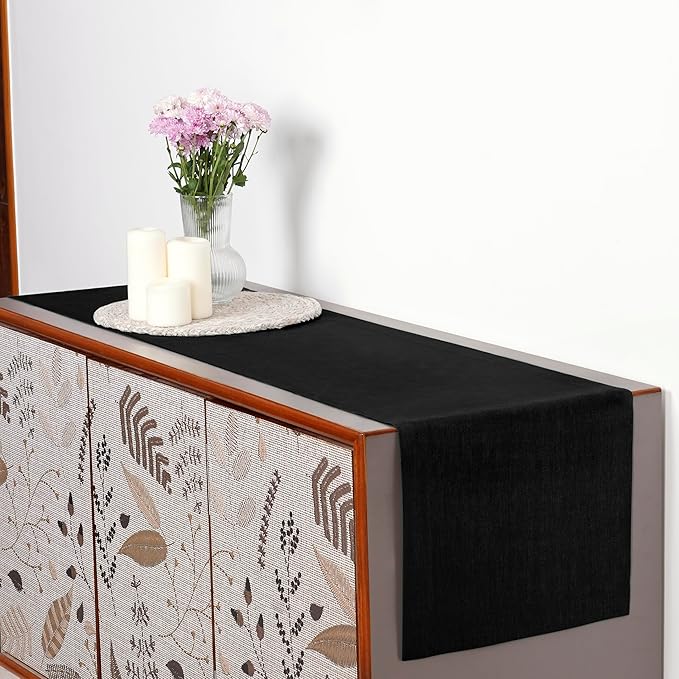 D'Moksha Homes Linen Black Table Runner 144 Inches Long - 100% Pure Linen Extra Long Table Runner 14 x 144 Inch for Winter, Holiday - Machine Washable