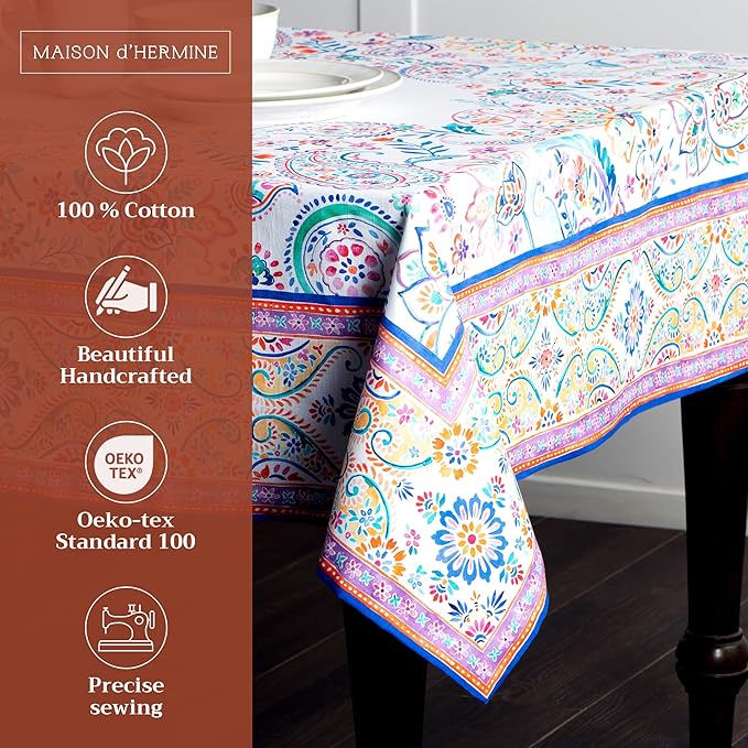 Maison d' Hermine Table Cloth Rectangle Table 100% Cotton 70 x 108 Inches Tablecloth Reusable Decorative for Dining Room, Farmhouse, Home, Party, Festive & Wedding Spring Summer - Indian Floral