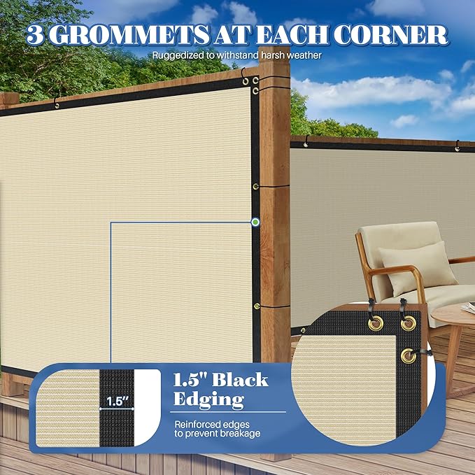 ECOOPTS 8'x46' Privacy Fence Screen Windscreen with Copper Grommets, Fit for Commercial Fence and Residential Garden Outdoor 90% UV Blockage, Cable Zip Ties Included (Beige)
