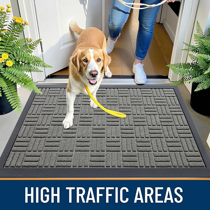 OLANLY Front Door Mat Outside Entrance 33x21, Absorbent, Heavy Duty Sturdy Natural Rubber Doormat Indoor Outdoor, Non-Slip, Stain and Fade Resistant, Low Profile Floor Mat for Entryway, Modern Gray