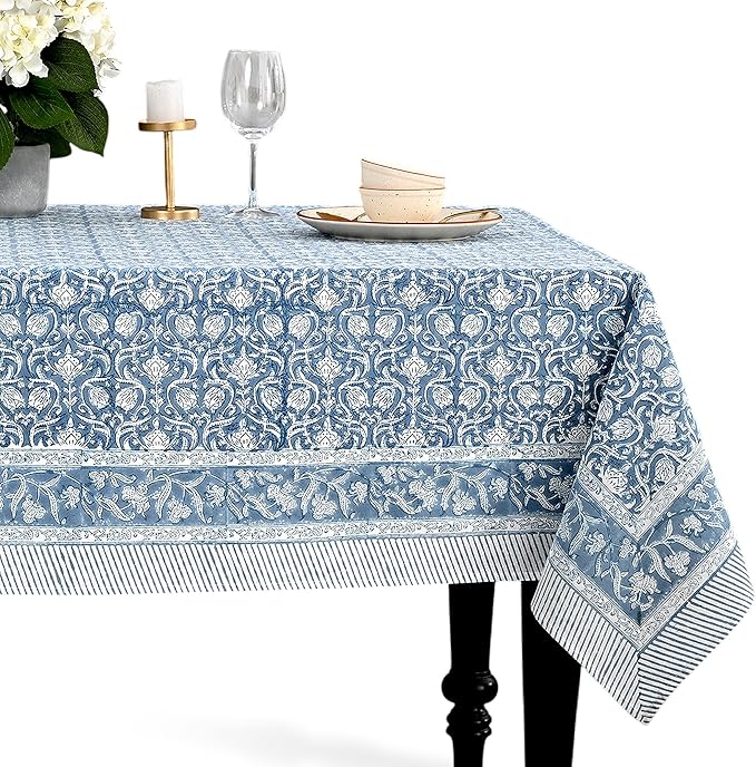 CPC Azure Regal Tablecloth 100% Cotton 60x60 Inch Indian Block Print Rectangle Table Cover, Table Cloth for Gifting in Weddings, Halloween, Fall, Christmas, Thanksgiving