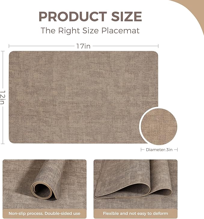 Vinyl Placemats Set of 6, Faux Leather Waterproof and Heat Resistant Place Mats, Washable Anti-Slip Table Mats with Coaster, Wipeable Placemats for Indoor & Outdoor 17" x 12" (Light Coffee, Set of 6)