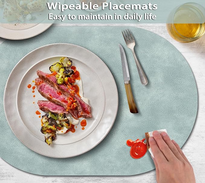 ADRIMER Placemats, Heat Resistant Oval Placemats Set of 12 Washable 12 x 17 Inch, Waterproof Table Mats, Wipeable Pu Place Mats for Kitchen, Dining Room, Light Blue