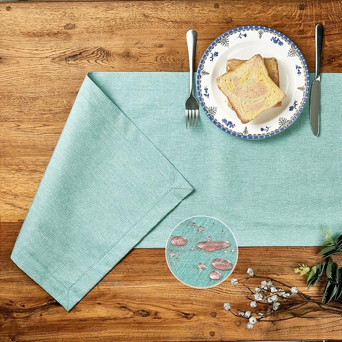 Mebakuk Linen Farmhouse Table Runner Large Burlap Style Soft and Waterproof Decorative Fabric Runner for Outdoor Wedding and Dinner (14 x 120 Inch, Turquoise Blue)