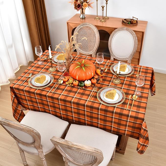 Gingham Plaid Tablecloth - Rectangular 58x102 Inch Water Resistant Thanksgiving Table Cloth for Indoor/Outdoor Use - Seasonal Fall Harvest Table Cover for Halloween, Picnics, and Parties