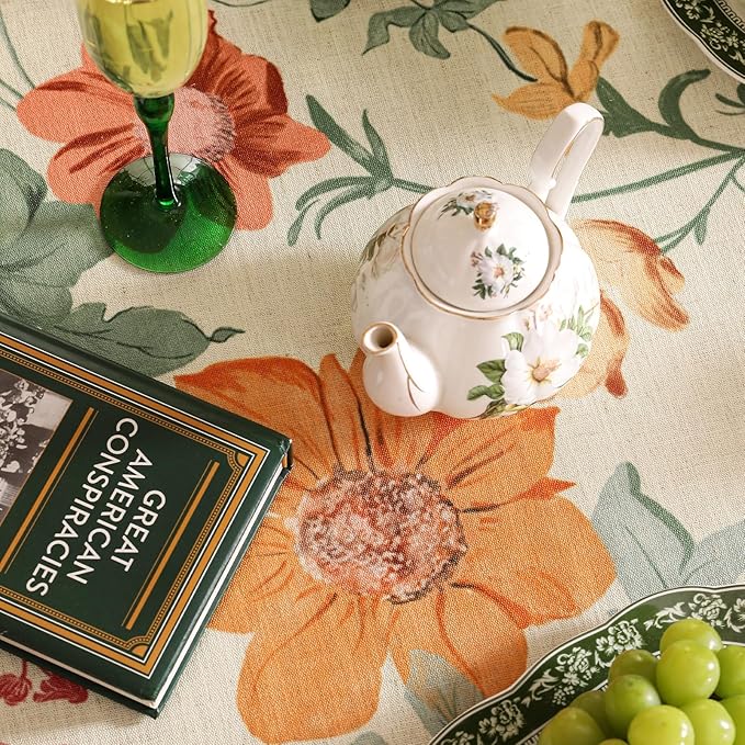 French Extra Long Tablecloth for Rectangle Table,Linen Orange Floral Wrinkle Resistant Tablecloths,Decor Table Cover for Kitchen,Dining,Party,Thanksgiving,Christmas,63"*110"-Milch
