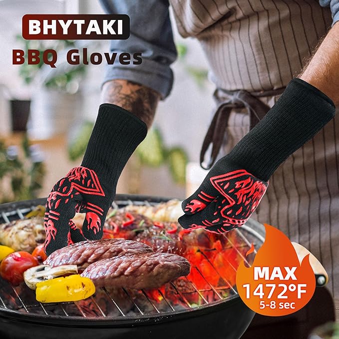BBQ Gloves, 1472°F Heat-Resistant and Anti Slip Long Grilling Gloves, One Size Fits All, Gift Two Hooks, Excellent Hand and Wrist Protection in The Kitchen/Fireplace/Griddle/Smoker/Fire Pit