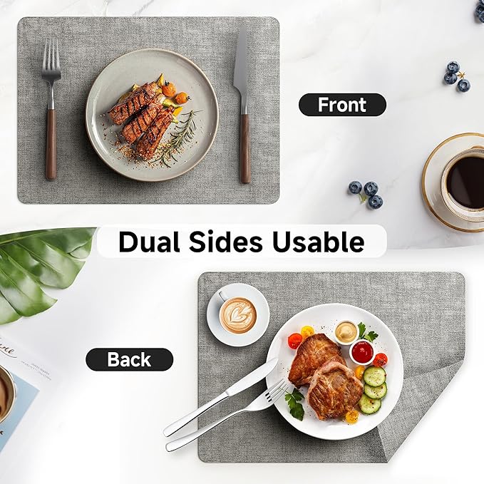 Faux Leather Vinyl Placemats Set of 6 Wipeable Heat Resistant Place Mats 100% Washable - Waterproof - Anti Slip Reversible Table Mats for Kitchen/Dining/Party/Outdoor, 12" x 16.5", Dark Grey