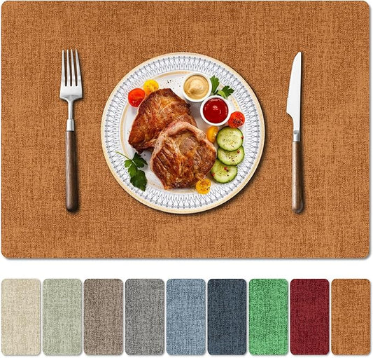 Faux Leather Heat Resistant Fall Placemats Set of 6 – Waterproof Oilproof Wipeable Dining PU Vinyl Place Mat Easy Clean Table Mats for Kitchen/Dining/Party/Holiday, Orange