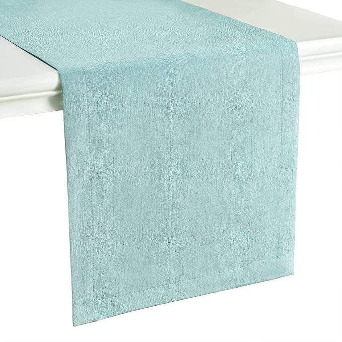 Mebakuk Linen Farmhouse Table Runner Large Burlap Style Soft and Waterproof Decorative Fabric Runner for Outdoor Wedding and Dinner (14 x 90 Inch, Turquoise Blue)