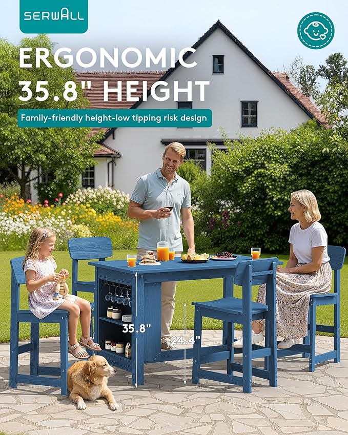 SERWALL 8-Piece HDPE Counter Height Dining Table Sets with Storage and Wine Rack, 2 Rectangular Bar Table with Bar Stools Set of 6 for Garden, Backyard, Kitchen, Blue
