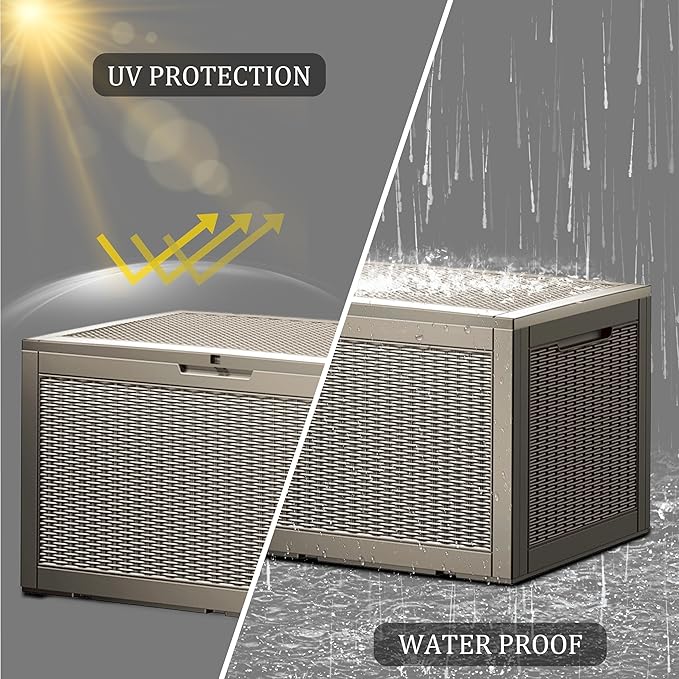 100 Gallon Patio Storage Bench - Waterproof Outdoor Deck Box & Storage Cabinet, Lockable Resin Chest for Pool/Garden Accessories, UV-Resistant, Weathered Grey