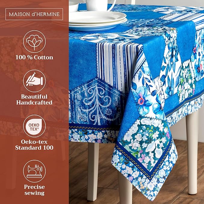 Maison d' Hermine Table Cloth Square Table 100% Cotton 60 x 60 Inches Tablecloth Reusable Decorative Everyday Use for Dining Room, Farmhouse, Home Party, Festive & Wedding Spring Summer - Summer Blues
