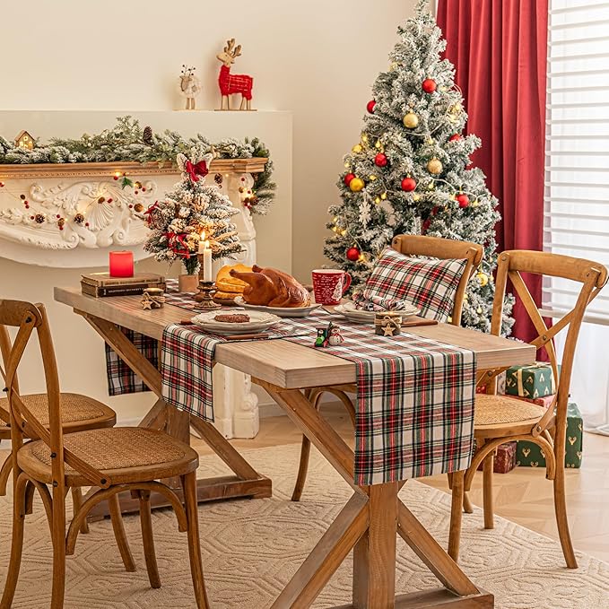 Red White Plaid Christmas Table Runner, Winter Holiday Table Runners 48 inches Long, Xmas Decorations Indoor Outdoor Farmhouse Home Kitchen Dining Party Decor