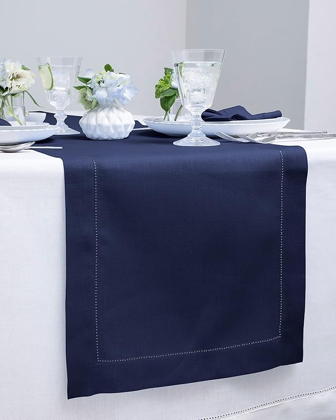 Solino Home Linen Navy Blue Table Runner 90 Inches Long - 100% Pure Linen Hemstitch 14 x 90 Inch Table Runner for Dining, Easter - Classic Hemstitch