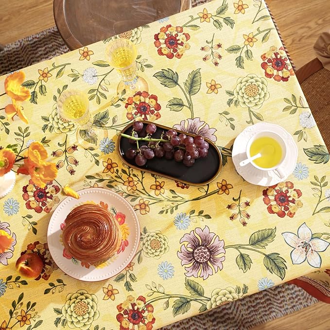 Vintage Linen Tablecloth for Rectangle Table,Yellow Floral French Wrinkle Free Long Tablecloths,Decorative Table Cover for Kitchen,Dining,Thanksgiving,Farmhouse,63" × 94"-Bellano