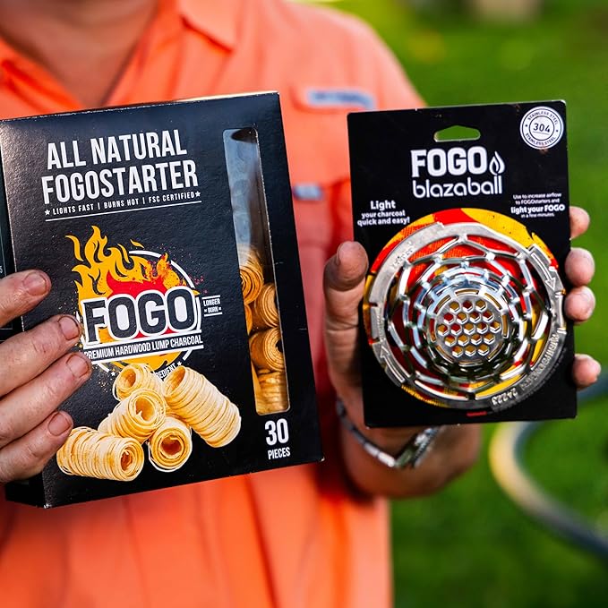 FOGO Super Premium Hardwood Lump Charcoal 17.6 Pound Bag, Fogostarters Natural Fire Starters and Blazaball Bundle