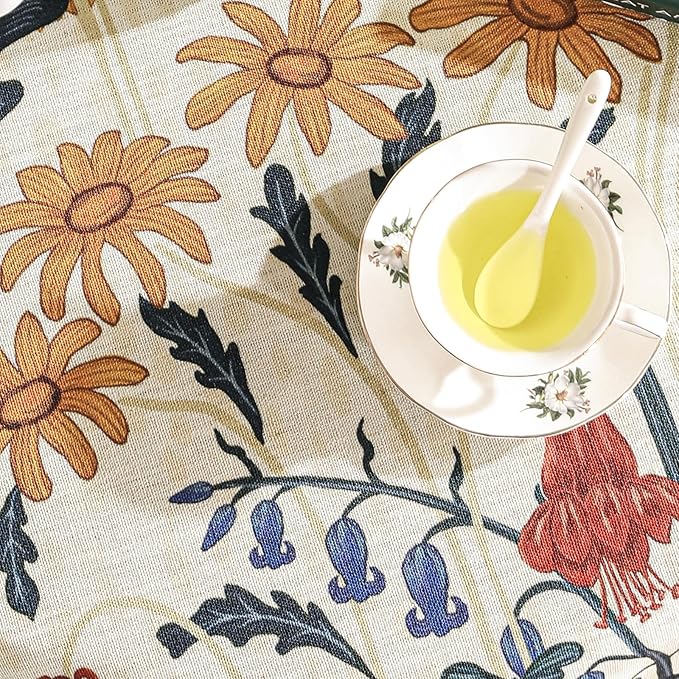 French Vintage Small Round Tablecloth,Linen Tablecloth with Gold and Red Floral Pattern,Decorative Table Cover for Kitchen,Dining,Thanksgiving,Party,Living Room,Diameter 55"-Tijuana