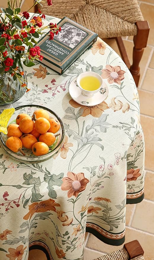 French Tablecloth for Round Table,Linen Orange Floral Wrinkle Resistant Tablecloths,Decorative Table Cover for Kitchen,Dining,Tea Party,Thanksgiving,Christmas,Diameter 67"-Milch