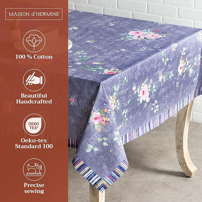 Maison d' Hermine Table Cloth Square Table 100% Cotton 60 x 60 Inches Tablecloth Reusable for Dining Room, Farmhouse, Home Party, Festive & Wedding Spring Summer - Sweet Rose Lavender - Country Garden
