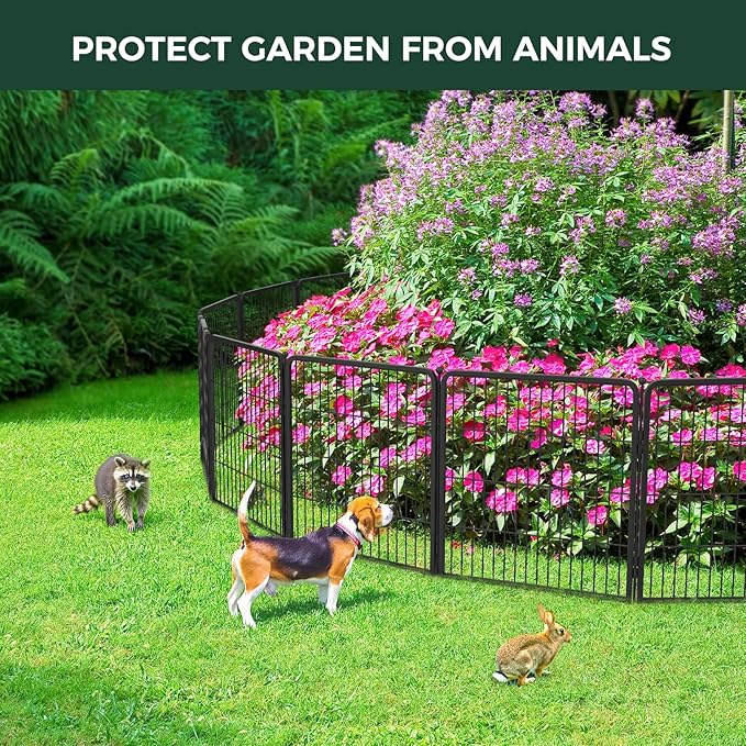 FXW Garden Fence Outdoor for The Yard – 50in(H) x 5.2ft(L) Heavy Duty Metal Animal Barrier for Dog and Rabbit, Decorative Dog Fence, 2 Panels, Black