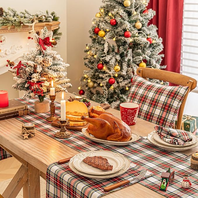 Red White Plaid Christmas Table Runner, Winter Holiday Table Runners 48 inches Long, Xmas Decorations Indoor Outdoor Farmhouse Home Kitchen Dining Party Decor