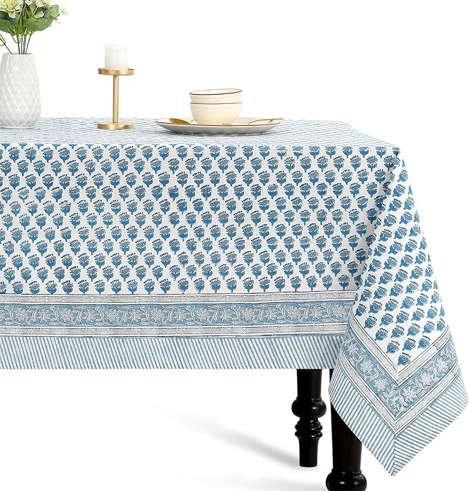 CPC Tablecloth 100% Cotton 72x190 Inch Indian Block Print Rectangle Table Cover, Blue Table Cloth for Weddings, Spring/Summer, Barbeque - Apatite Blue