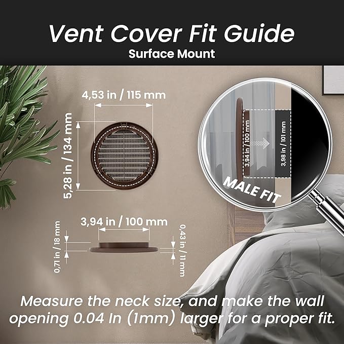 Repa Market 4 Inch (Opening) Brown Round Air Vent Cover - Pack of 5 Plastic Fresh Air Intake Vent - Grill Cover with Nylon Mesh Screen - Wall or Ceiling HVAC Return Air Register - Modern Soffit Vents
