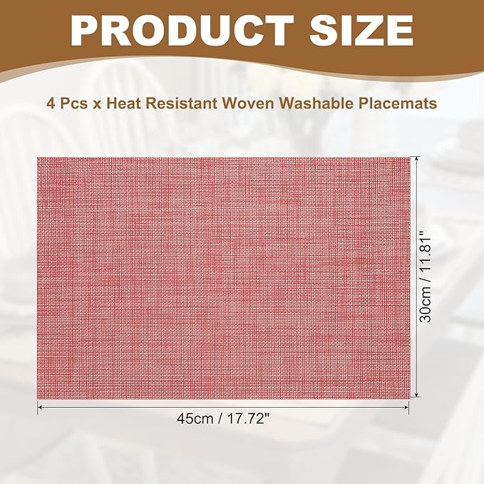uxcell Faux Linen Placemats, 12x18 Inch Heat Resistant Place Mats Machine Washable Non-Slip Cloth Placemats for Dining Table Kitchen Indoor Outdoor Home Decoration(Red,4Pcs)