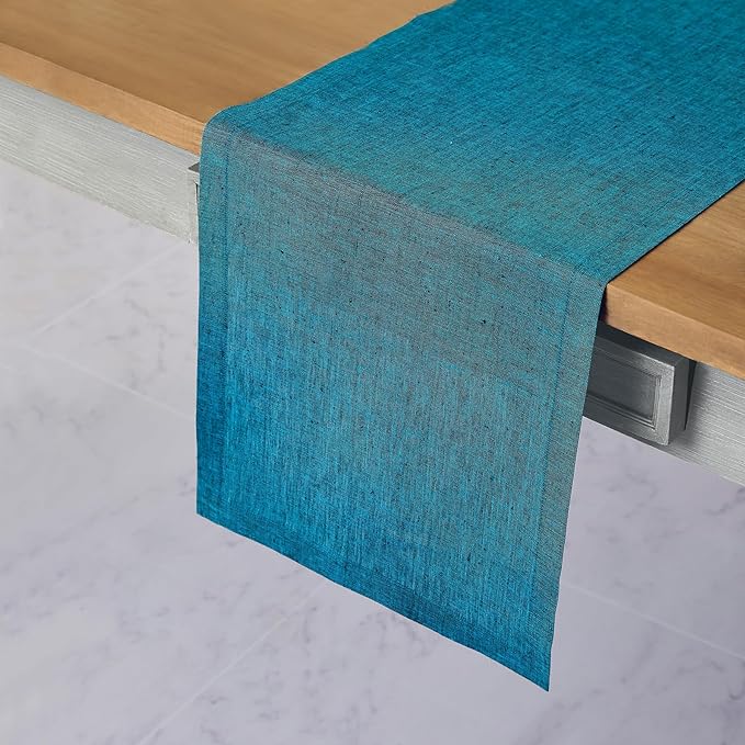 Solino Home Linen Chambray Teal Table Runner 108 Inches Long - Athena, 100% Pure Linen Dining Table Runner 14 x 108 Inch for Spring, Easter, St Patricks Day - Handcrafted and Machine Washable