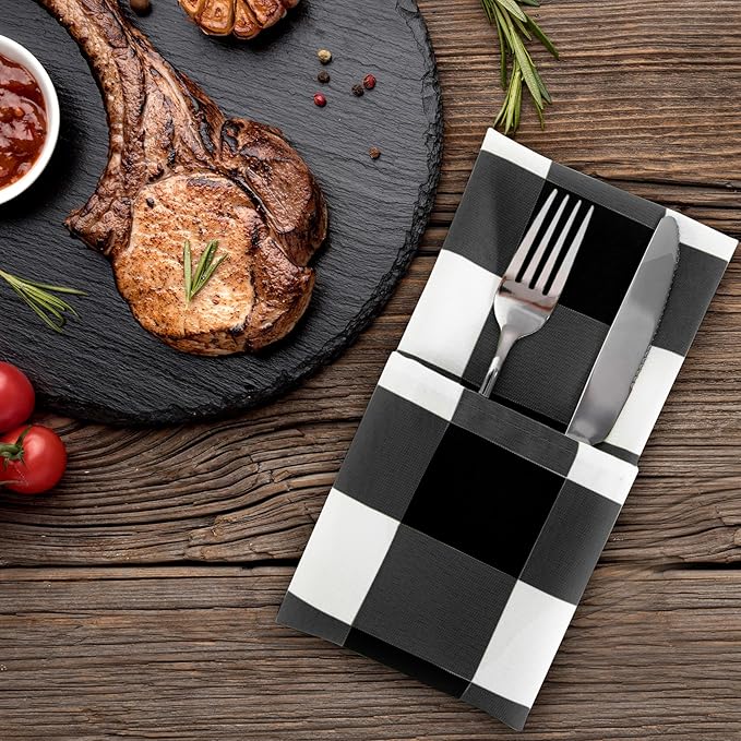 Buffalo Plaid Table Napkins Set of 12 Checkered Cloth Napkins 17x17 inch Washable Dinner Gingham Pattern Napkins Soft Napkins for Wedding Party Dining Banquet(Black and White)