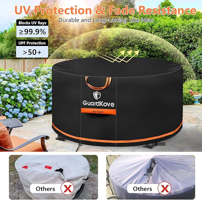 [Upgraded 1000D Heavy Duty Fabric] 48 Inch Fire Pit Cover Round for 46”- 48” Fire Pit/Tables, Waterproof Tear & Fade Resistant Firepit Cover with Buckle, Drawstring, Air Vent (48”D x 24”H, Black)