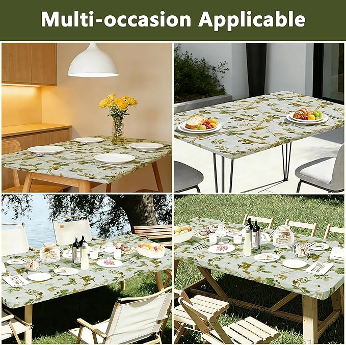 Rectangle Picnic Table Cloth, Elastic Waterproof Fitted Vinyl Tablecloths for 6 Foot Tables, Wipeable Flannel Backed Table Covers for Dining, Camping, Outdoor(Magpie,30"x72")